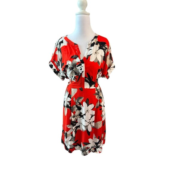 NWT Vera Wang Dress Womens M Red Floral Linen Flare Tie Waist Midi Retail $49.99 - Picture 1 of 8